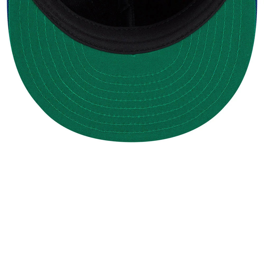 New York Mets MLB Felt Logo Blue Retro Crown New Era 59FIFTY Fitted Cap, inside view showing the green undervisor, black sweatband, and black New Era branded taping running along the seams.