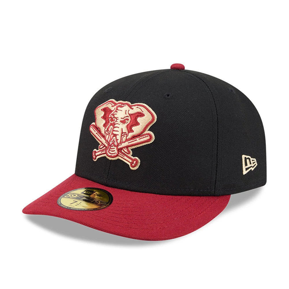 Athletics MLB Team Cards Black New Era 59FIFTY Fitted Cap, three-quarter view with a raised red and beige elephant-crossed bats logo on the front panel, a red visor, and a gold 59FIFTY size sticker on the visor.
