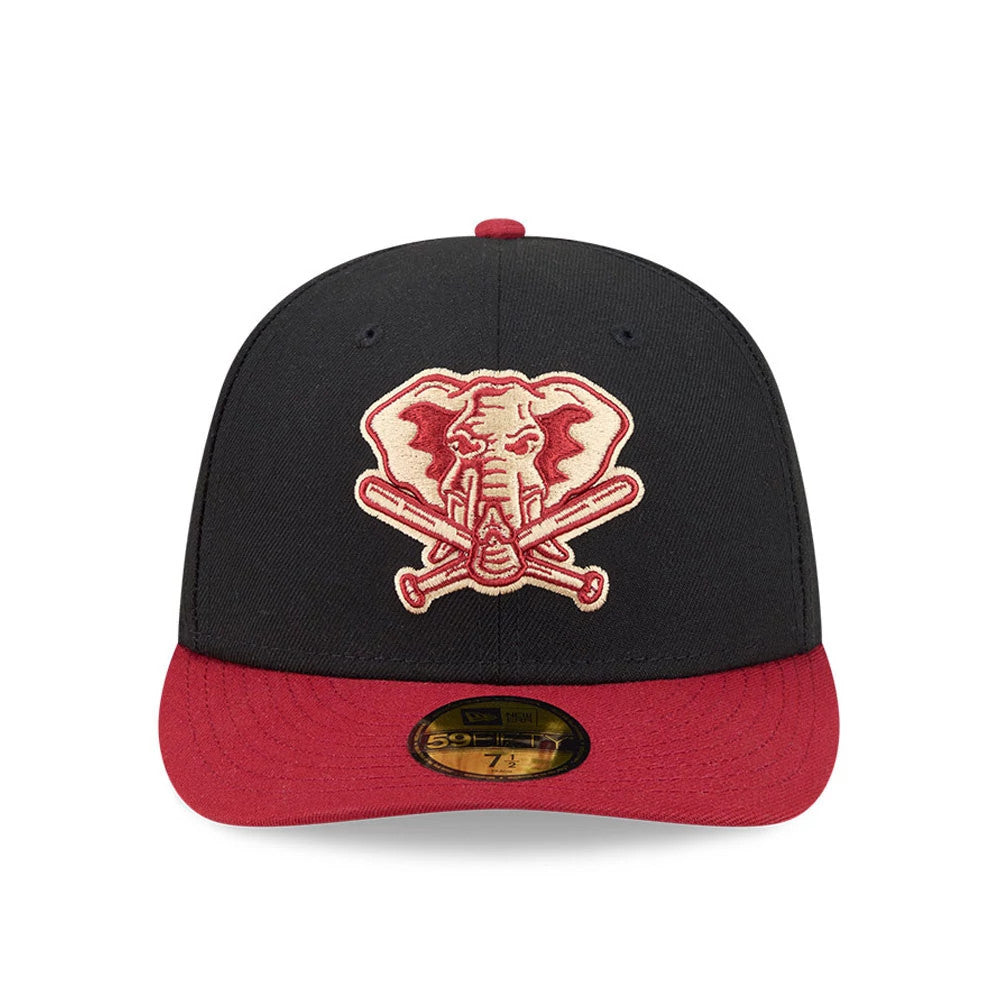 Athletics MLB Team Cards Black New Era 59FIFTY Fitted Cap, front view showing a cream and red embroidered elephant design with crossed bats on the black front panel, a red visor, and a gold 59FIFTY size sticker.