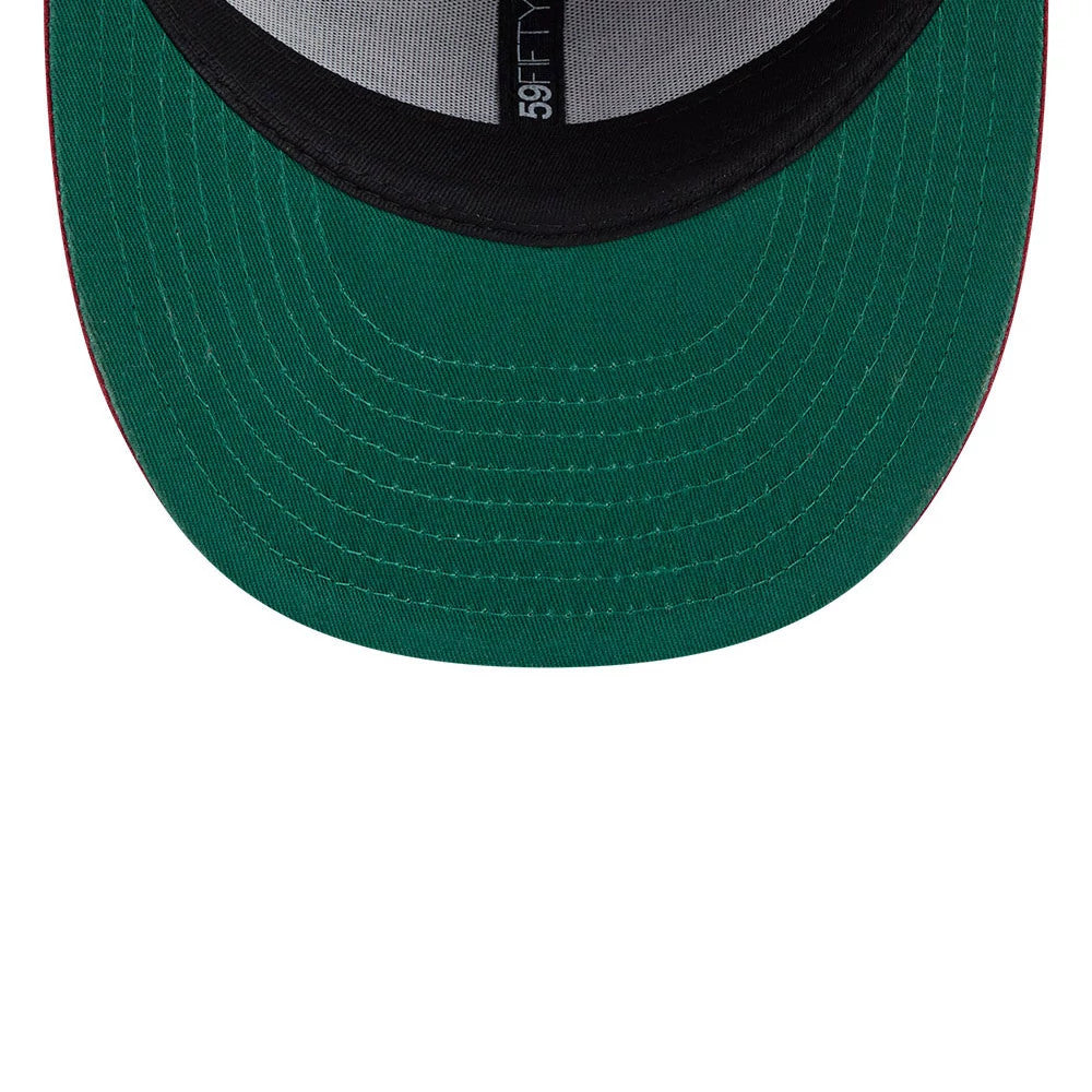 Athletics MLB Team Cards Black New Era 59FIFTY Fitted Cap, inside view showing green undervisor, black sweatband, and polyester taping with 59FIFTY branding, highlighting the cap's structured interior design.