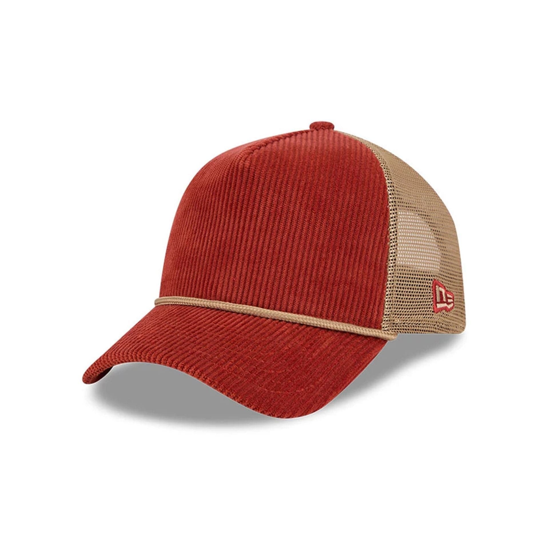 Pictured is this New Era Wide Cord 9FORTY A-Frame Trucker cap in dark red. 1