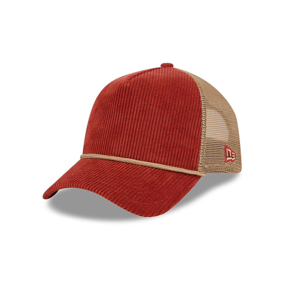 Pictured is this New Era Wide Cord 9FORTY A-Frame Trucker cap in dark red. 1
