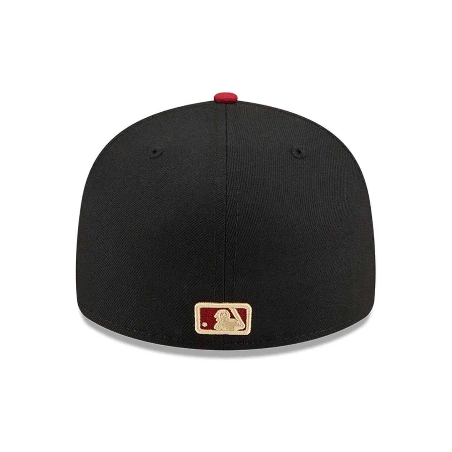 Detroit Tigers MLB Team Cards Black New Era 59FIFTY Fitted Cap, rear view showing the gold embroidered MLB Batterman logo at the centre back, with a deep black structured crown, red top button and black eyelets.