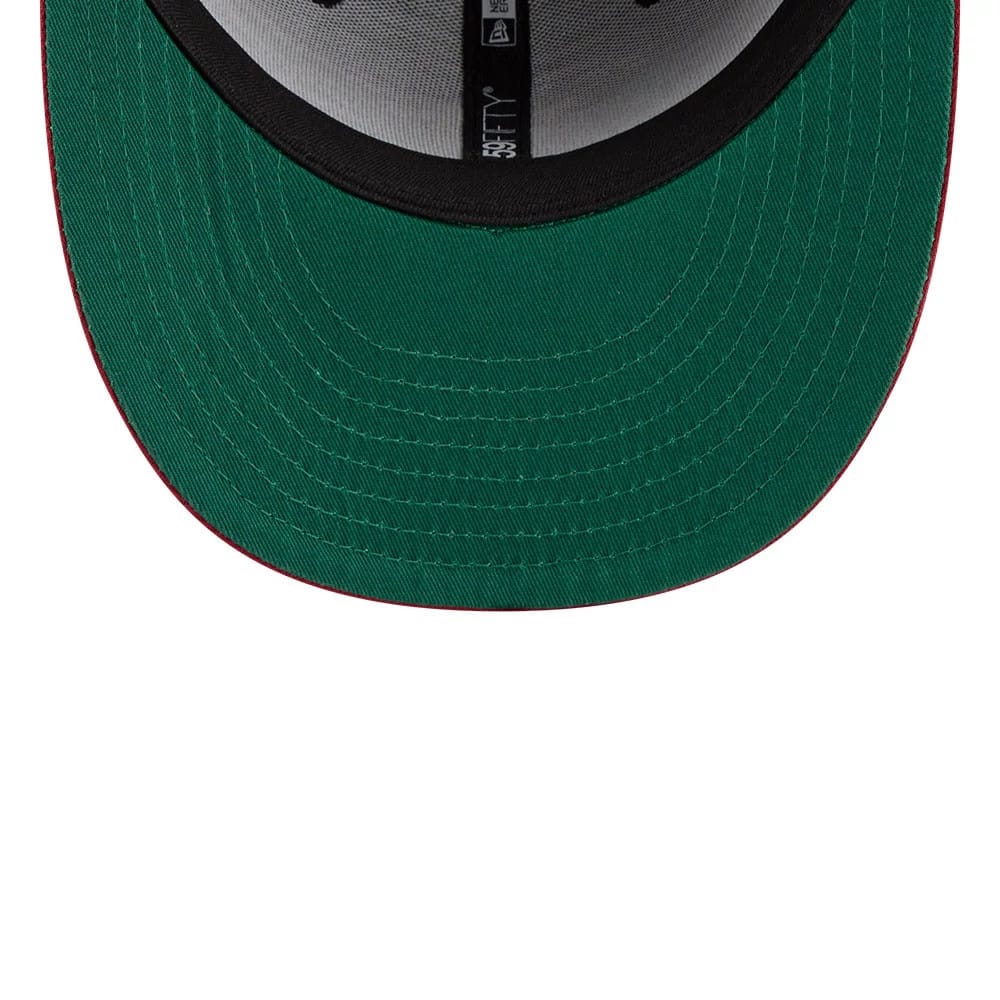 Detroit Tigers MLB Team Cards Black New Era 59FIFTY Fitted Cap, inside view showing a green undervisor, a wide black sweatband, and black taping with New Era and 59FIFTY branding, across grey interior fabric.