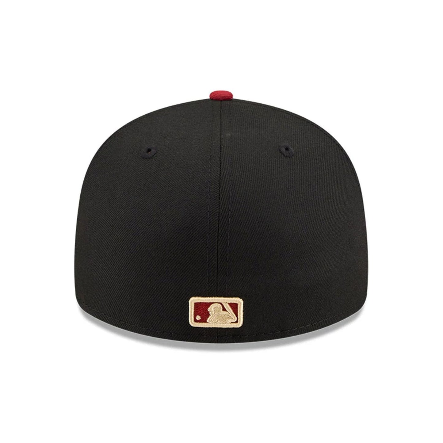LA Dodgers MLB Team Cards Black New Era 59FIFTY Fitted Cap, rear view showing the gold embroidered MLB Batterman logo at the centre back of the structured black crown, complemented by a contrasting red top button and matching embroidered eyelets.