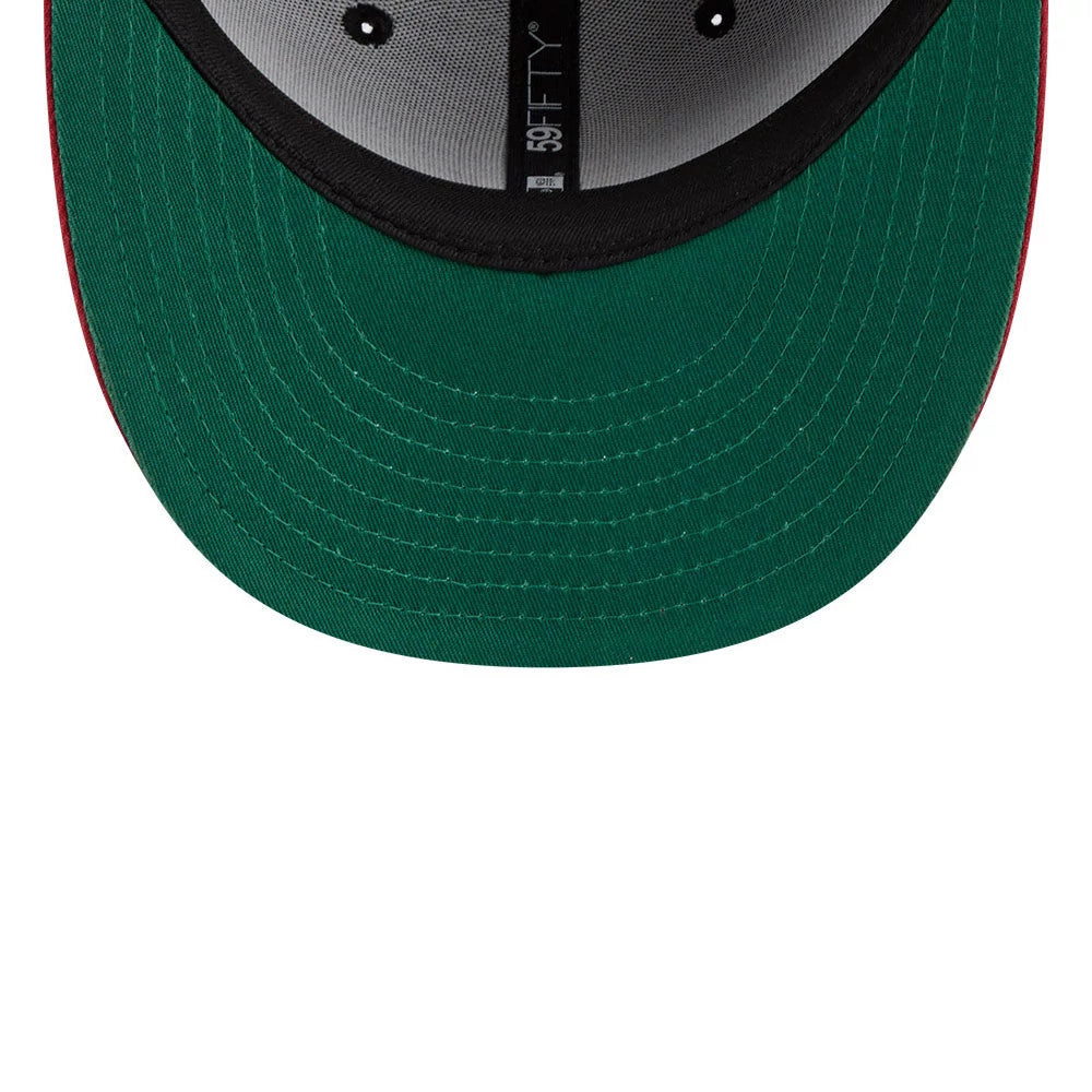 LA Dodgers MLB Team Cards Black New Era 59FIFTY Fitted Cap, inside view showing the green undervisor, black sweatband with 59FIFTY branding, and grey panel taping, providing a detailed look at the interior craftsmanship.