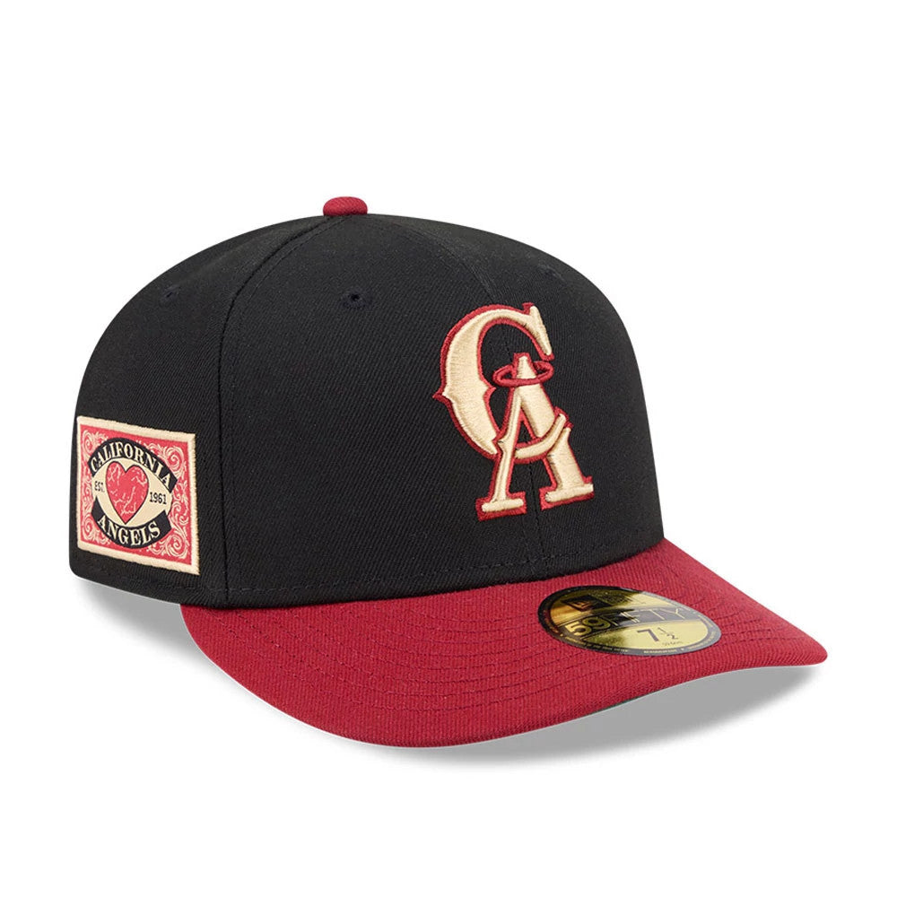 LA Angels MLB Team Cards Black New Era 59FIFTY Fitted Cap, three-quarter view showing a raised cream and red CA logo on the black structured crown, red flat visor with gold 59FIFTY size sticker, and detailed California Angels side patch.