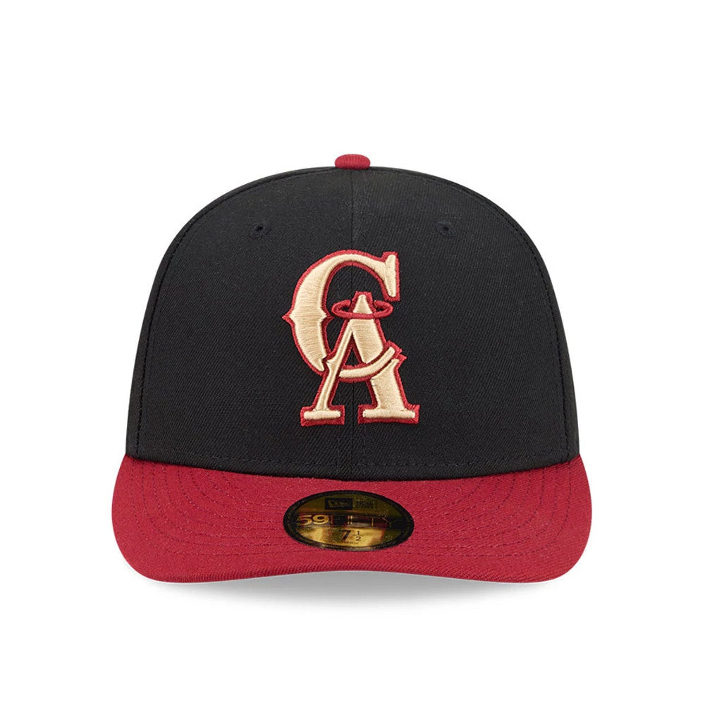 LA Angels MLB Team Cards Black New Era 59FIFTY Fitted Cap, front view showing the prominently embroidered CA logo in cream and red on the structured black crown, a contrasting red visor, and a gold 59FIFTY size sticker on the visor.