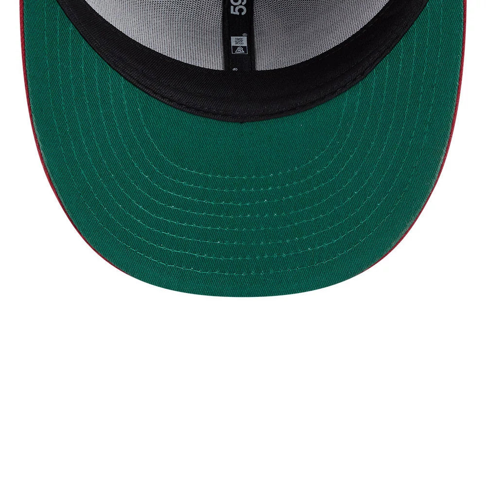 LA Angels MLB Team Cards Black New Era 59FIFTY Fitted Cap, inside view showing the green undervisor with red stitching, the black sweatband around the crown, and black taping with a 59FIFTY logo along with an MLB logo.