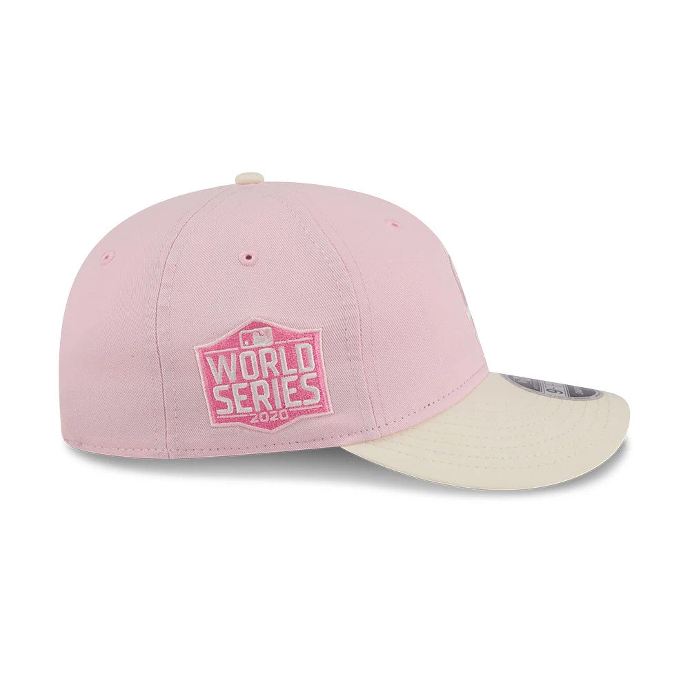 LA Dodgers MLB Washed Tie Dye Pastel Pink New Era 9FIFTY Snapback Adjustable Cap, rear view showing the pink embroidered World Series 2020 logo on the light pink structured crown, with a cream flat visor and a size sticker.