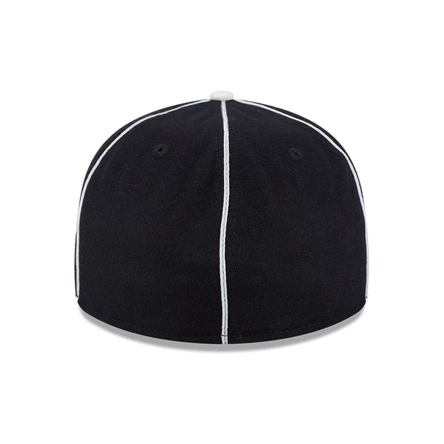 LA Kings NHL Felt Logo Black Retro Crown New Era 59FIFTY Fitted Cap, rear view showing the panel seams outlined in white stitching, soft black felt fabric, and a grey top button centred on the crown.