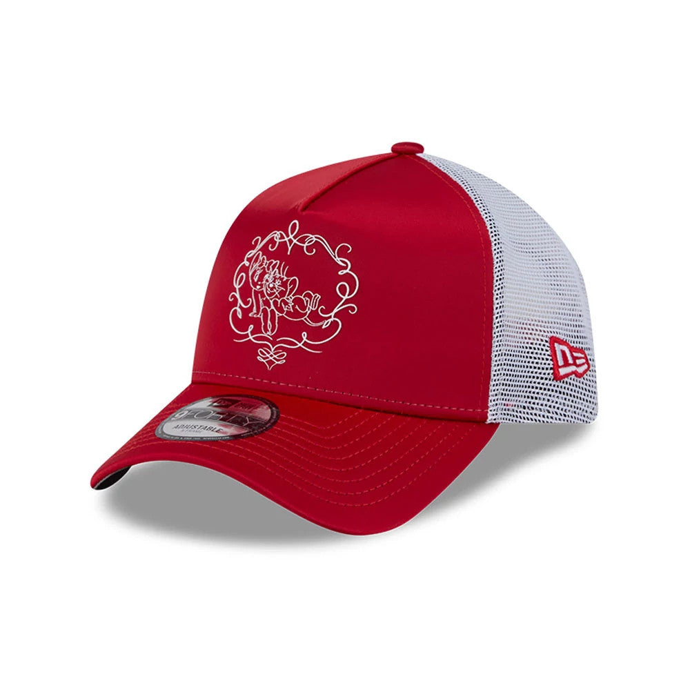 Tom & Jerry Love Cherie Red New Era 9FORTY A-Frame Trucker Adjustable Cap, three-quarter view showing white embroidered Tom and Jerry graphic on front panels, red curved visor with 9FORTY size sticker.