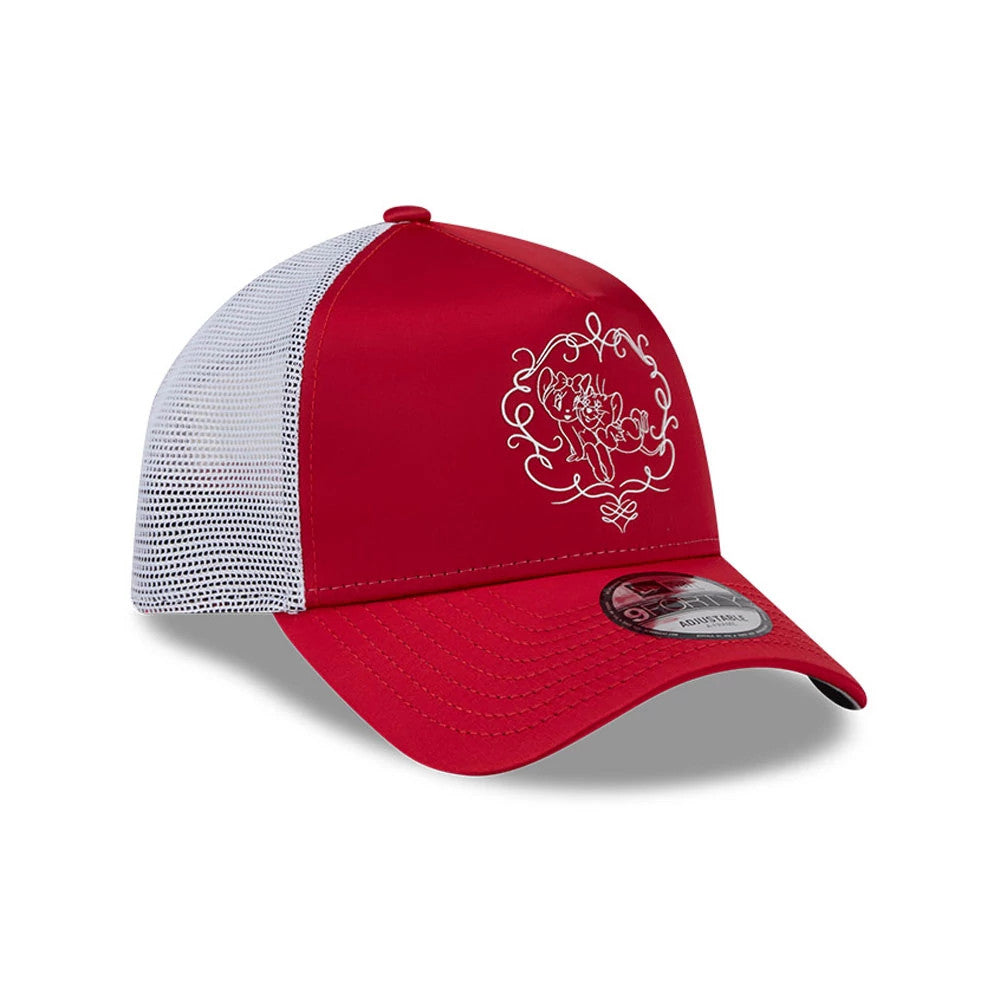 Tom & Jerry Love Cherie Red New Era 9FORTY A-Frame Trucker Adjustable Cap, front view showing the embroidered white Tom & Jerry graphic on the red front panels, with a white mesh back and a 9FORTY size sticker on the curved red visor.