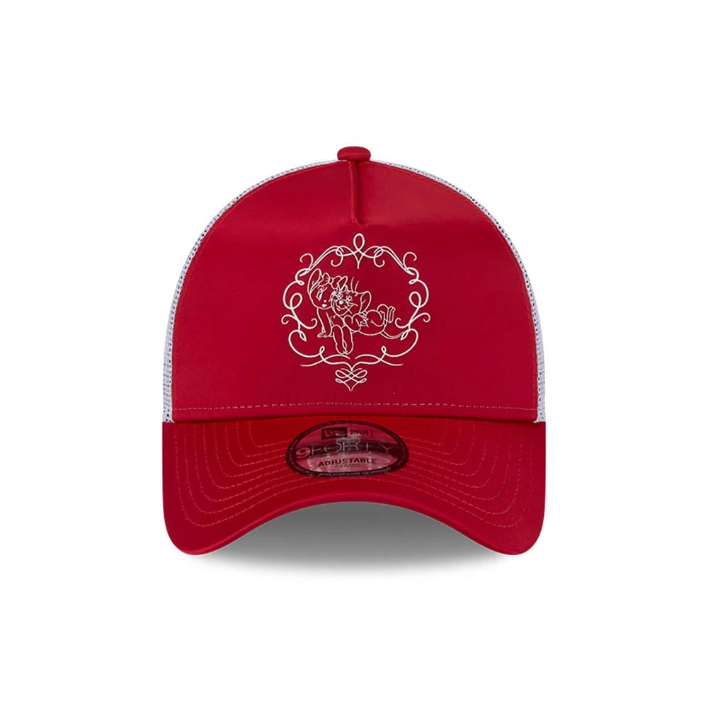 Pictured is this Tom & Jerry Love Cherie 9FORTY A-Frame Trucker cap in red. 3