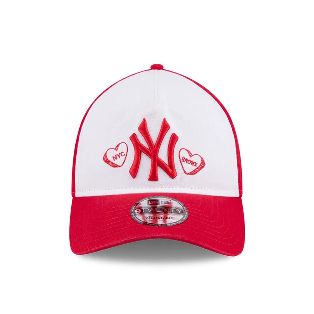 New York Yankees MLB Conversation Hearts Red New Era 9TWENTY A-Frame Adjustable Cap, front view showing the raised red NY logo embroidered on a white front panel between two heart graphics, with a red curved visor and 9TWENTY size sticker.