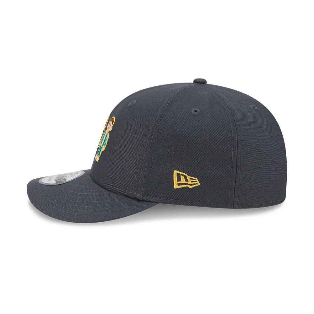 Netflix Squid Game Dark Grey New Era 9FIFTY Snapback Adjustable Cap, side view showing the yellow embroidered New Era flag logo on the left side, a detailed embroidered front panel design.