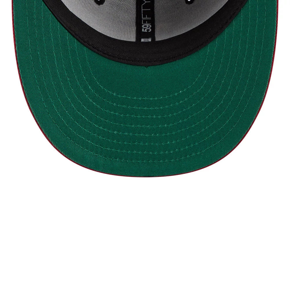 Boston Red Sox MLB Team Cards Black New Era 59FIFTY Fitted Cap, inside view showing green undervisor with stitching, black sweatband with size label, and black taping across the grey inner crown panels.