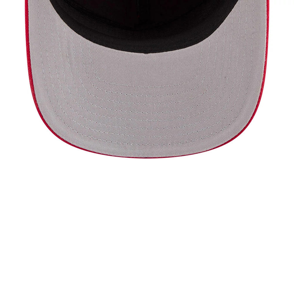 New Era L'amour Red 19TWENTY Adjustable Cap, inside view showing the grey undervisor with red edging, black internal sweatband, and red taping lines running across the interior of the crown.