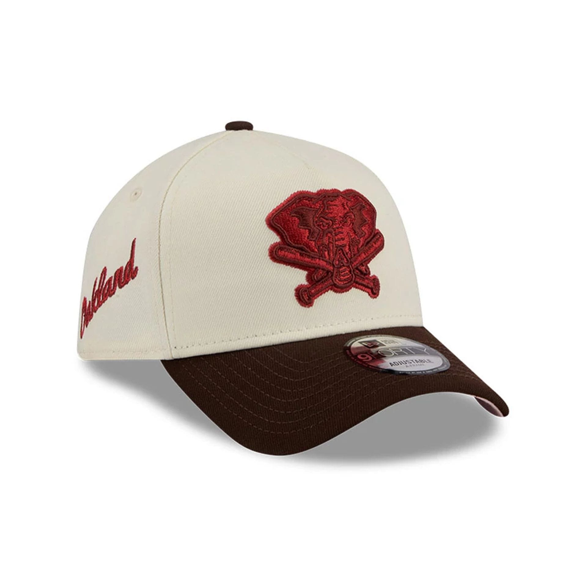 Pictured is this MLB City Script Athletics 9FORTY A-Frame cap in Cream. 1