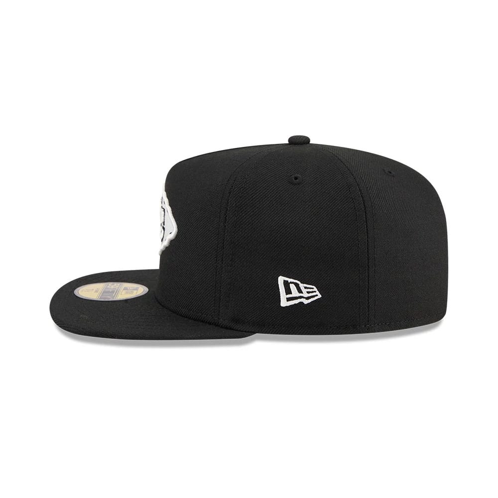 Pictured is this NFL Chiseled Embroidery Kansas City Chiefs 59FIFTY A-Frame Fitted cap in black. 7
