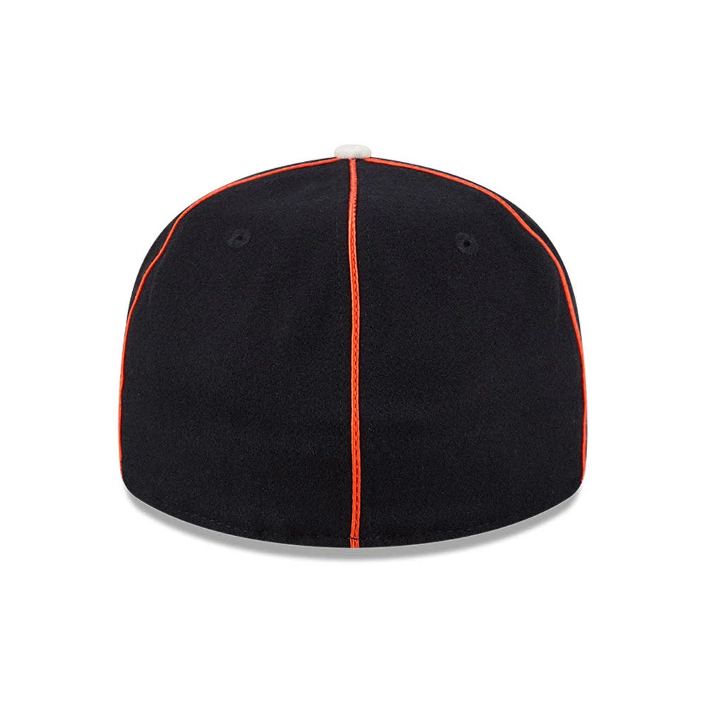 Anaheim Ducks NHL Felt Logo Black Retro Crown New Era 59FIFTY Fitted Cap, rear view showing orange piping along the black structured panels, a small grey top button, and two black embroidered eyelets on each side.