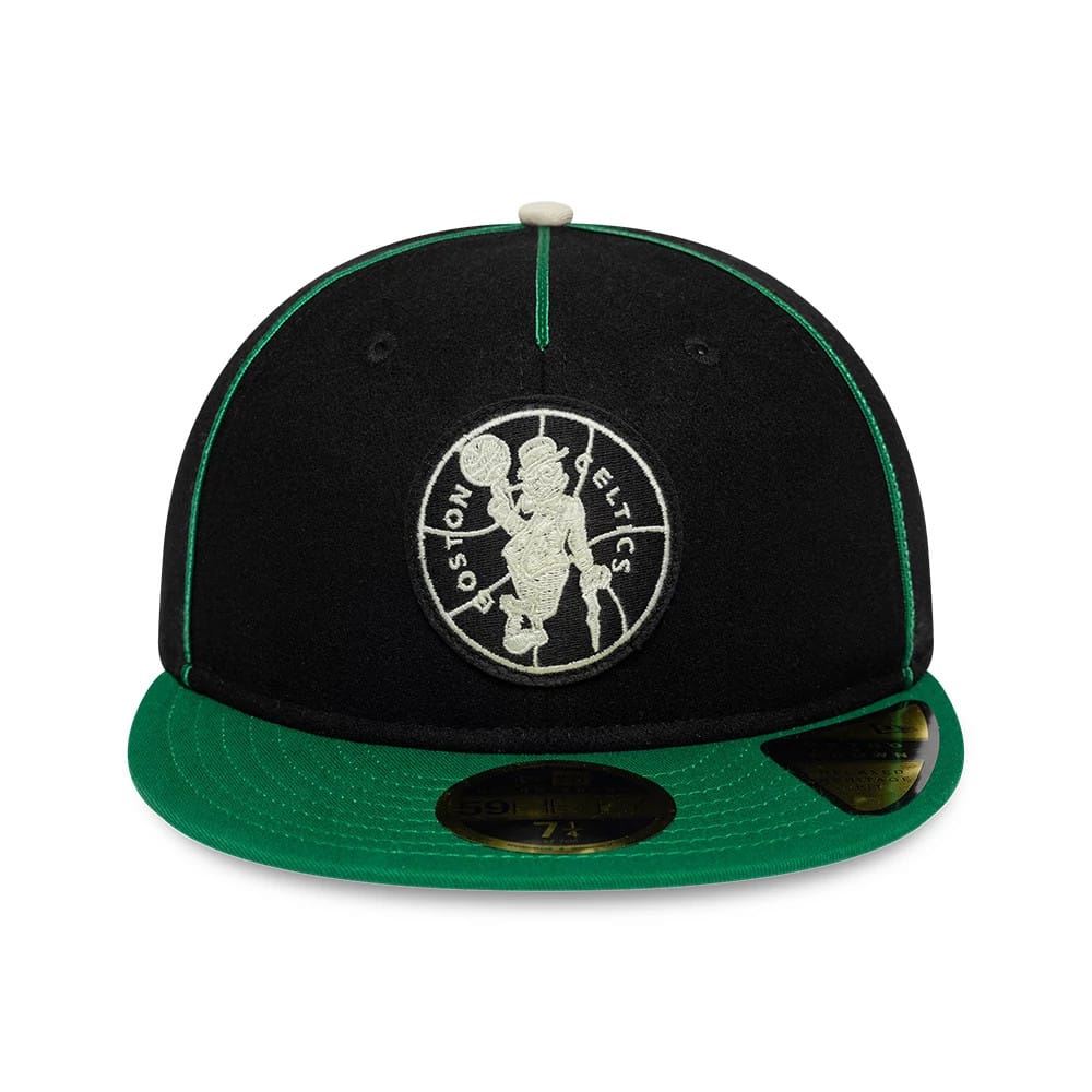 Boston Celtics NBA Felt Logo Green Retro Crown New Era 59FIFTY Fitted Cap, front view showing a white embroidered team logo on the structured black crown, with a bright green flat visor and a gold 59FIFTY size sticker.