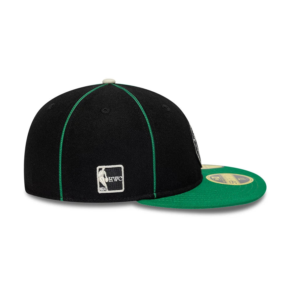 Boston Celtics NBA Felt Logo Green Retro Crown New Era 59FIFTY Fitted Cap, rear view showing the white embroidered NBA HWC logo at the centre of the black back panels, green piping along the seams and a green flat visor.