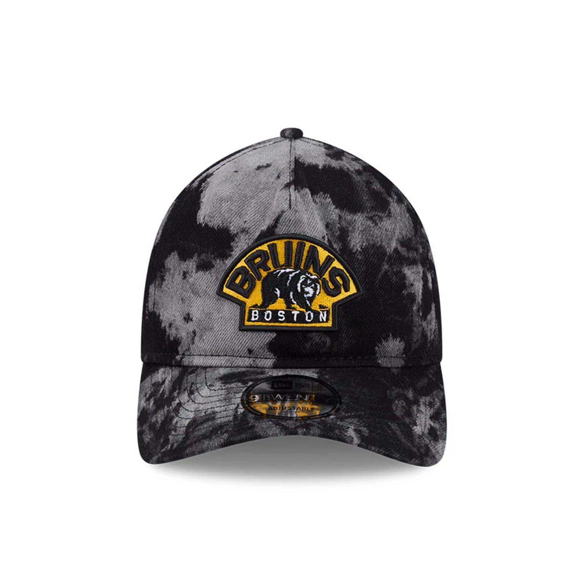 Pictured is this NHL Bleached Denim Boston Bruins 9TWENTY A-Frame cap in black. 2
