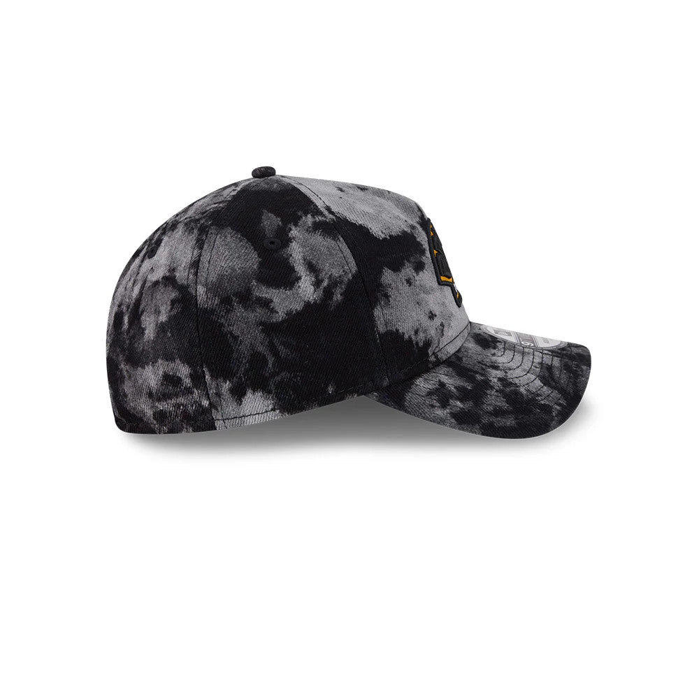 Boston Bruins NHL Bleached Denim Black New Era 9TWENTY A-Frame Adjustable Cap, side view showing the gold team logo embroidery on the front panel, the bleached black and grey denim pattern across the structured crown, and the curved visor.