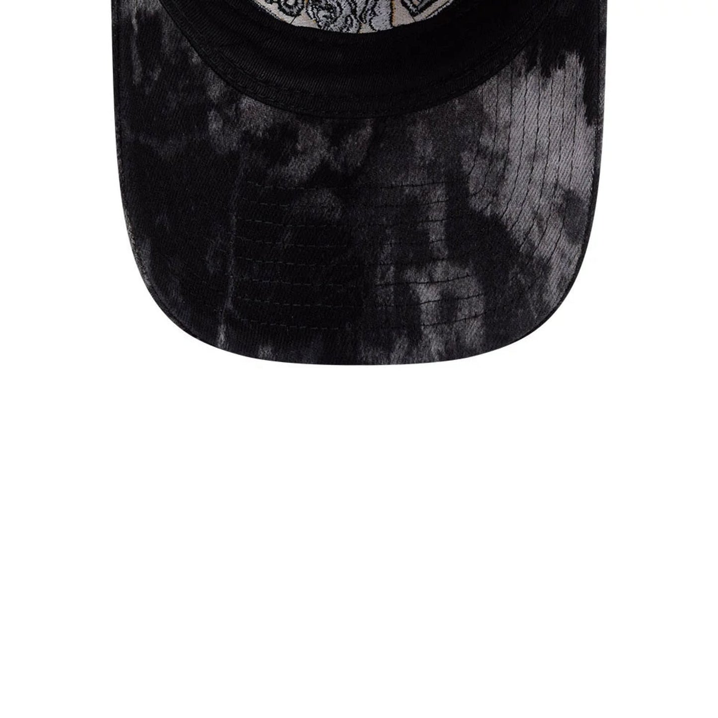 Boston Bruins NHL Bleached Denim Black New Era 9TWENTY A-Frame Adjustable Cap, top view showing the black bleached denim pattern on the curved visor, with a detailed fabric texture and stitching along the edge.