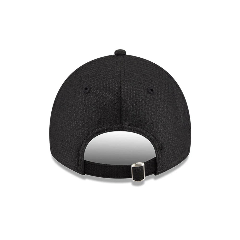 Netflix Squid Game 456 Black New Era 9TWENTY Adjustable Cap, rear view showing a black buckle strap closure with a silver buckle, raised black eyelets on the structured crown, and textured black fabric throughout the panels.