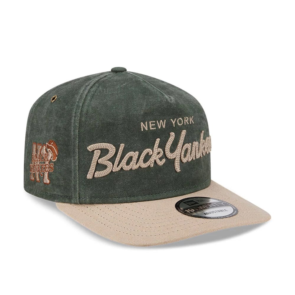 New York Black Yankees MLB Negro League Dark Green New Era 19TWENTY Adjustable Cap, front view showing raised beige New York Black Yankees script embroidery on the dark green crown, with a contrasting beige visor and New Era 19TWENTY size sticker.