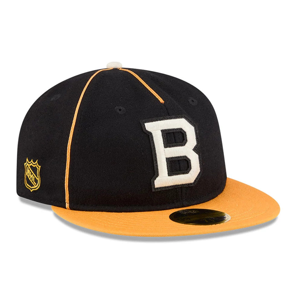 Pictured is this NHL Felt Logo Boston Bruins Retro Crown 59FIFTY Fitted cap in black. 1