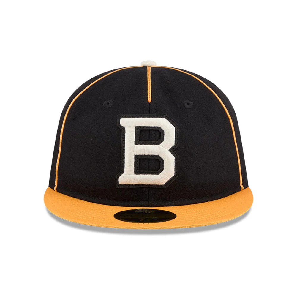 Boston Bruins NHL Felt Logo Black Retro Crown New Era 59FIFTY Fitted Cap, front view showing a large embroidered white letter B on the black front panel, with an orange visor below and contrasted by orange piping along each seam.