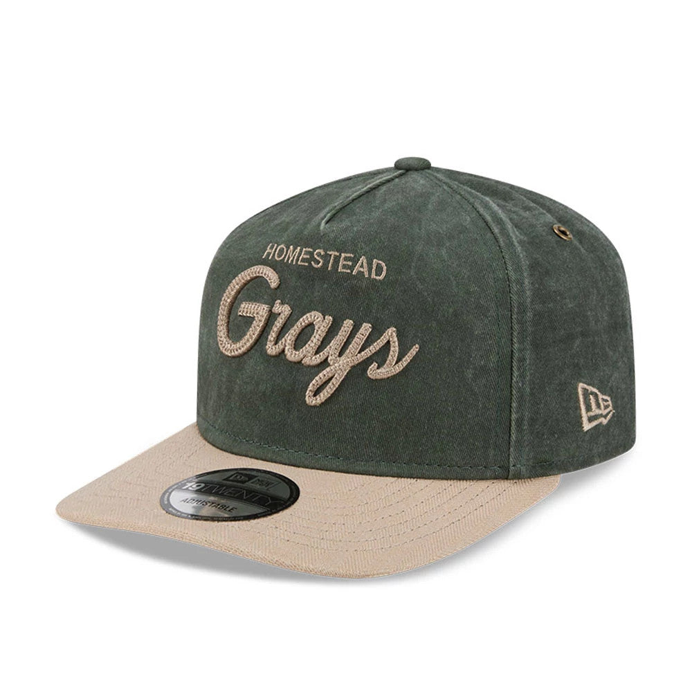 Homestead Grays MLB Negro League Dark Green New Era 19TWENTY Adjustable Cap, front view showing raised embroidered Homestead Grays lettering on the structured dark green crown, a tan flat visor with a 19TWENTY size sticker.