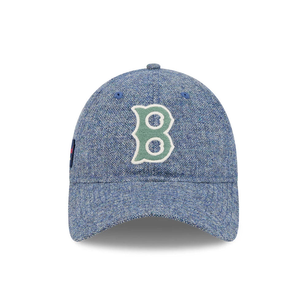 Boston Red Sox MLB X Moon Blue New Era 9TWENTY Adjustable Cap, front view showing the raised embroidered white Boston Red Sox B logo on a textured blue crown, with matching blue eyelets and a curved visor.