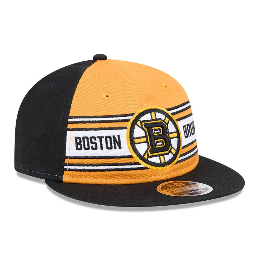 Bruins NHL Team Stripes Black Retro Crown New Era 9FIFTY Adjustable Cap, three-quarter view showing the embroidered Boston Bruins logo with stripes across the front panels, paired with a contrasting black flat visor and gold 9FIFTY size sticker.