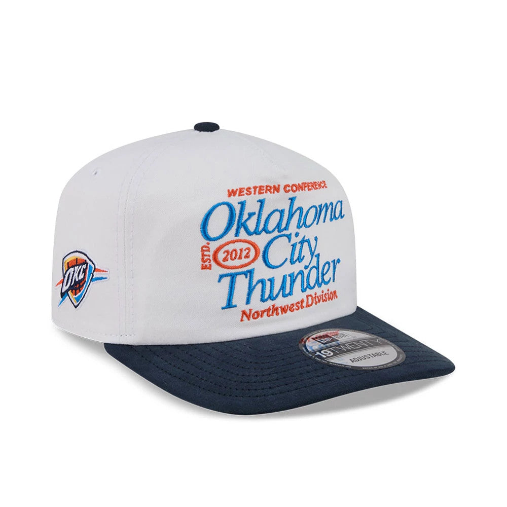 Oklahoma City Thunder NBA Conference White New Era 19TWENTY Adjustable Cap, three-quarter view showing raised blue, red, and orange embroidered lettering on the front panel, a navy visor with a 19TWENTY size sticker, and a logo on the left side.