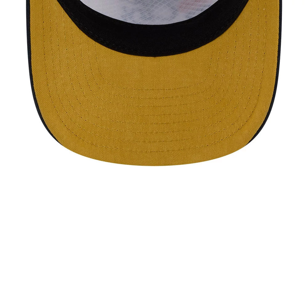 Oklahoma City Thunder NBA Conference White New Era 19TWENTY Adjustable Cap, inside view showing the yellow undervisor with stitching, black sweatband edge, and transparent taping revealing the cap’s structure.