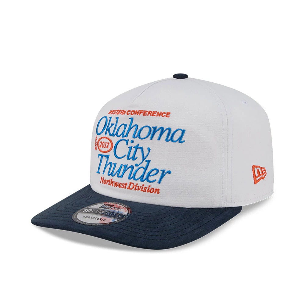 Oklahoma City Thunder NBA Conference White New Era 19TWENTY Adjustable Cap, front view showing blue and orange embroidered lettering on the white front panel, a dark blue visor with a 19TWENTY size sticker.