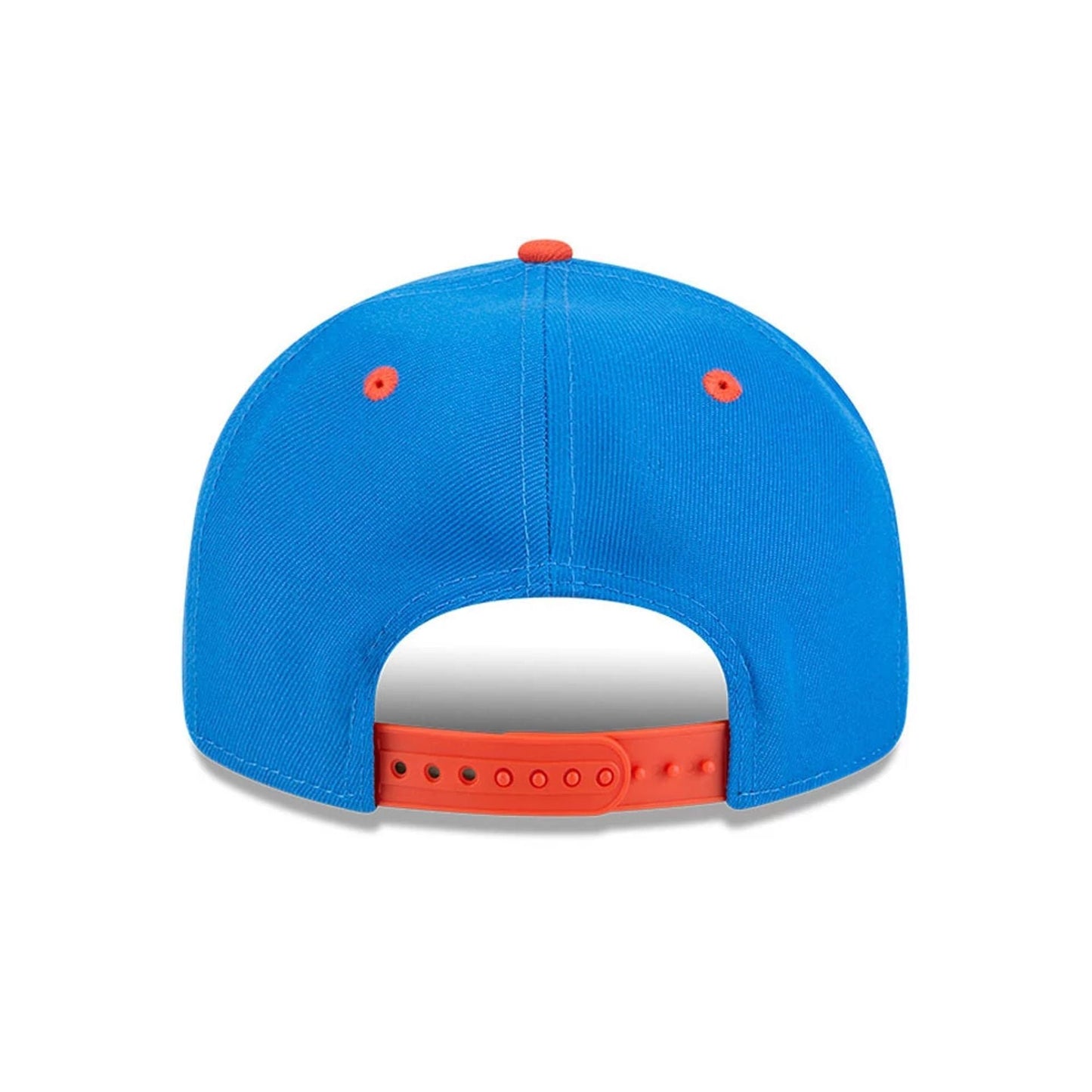 OKC Thunder NBA Chainstitch Script Blue Retro Crown New Era 9FIFTY Adjustable Cap, rear view showing an orange top button and eyelets on the structured blue crown, with an orange snapback closure.