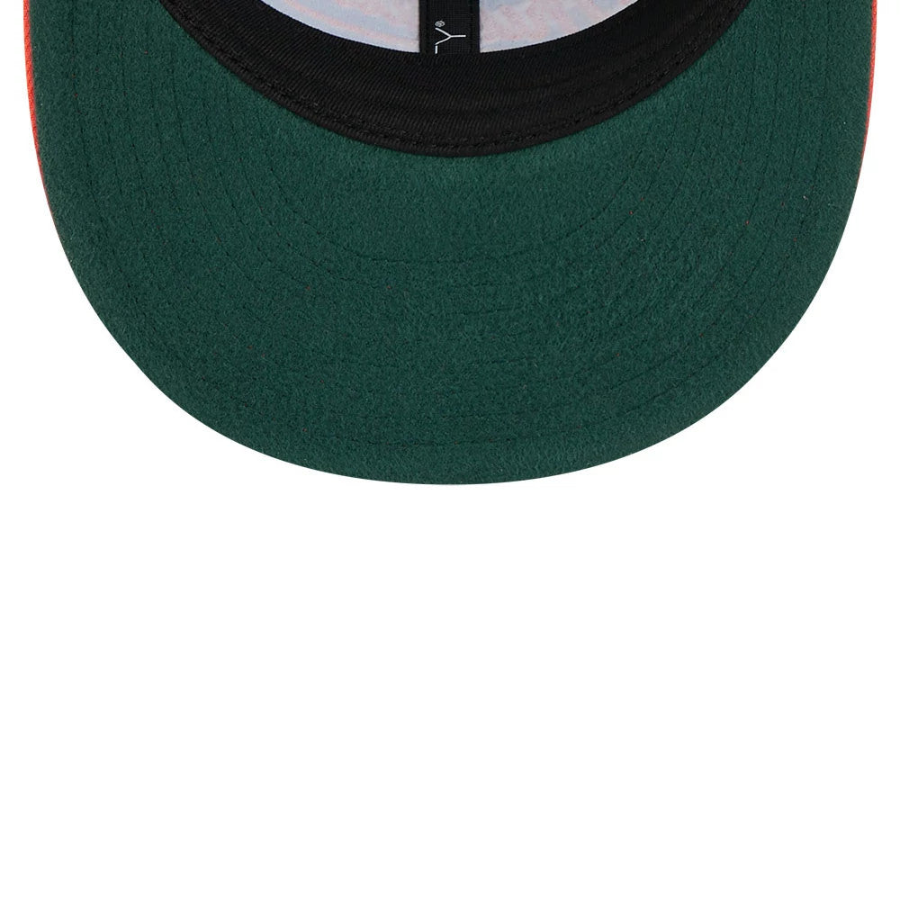 OKC Thunder NBA Chainstitch Script Blue Retro Crown New Era 9FIFTY Adjustable Cap, inside view showing a dark green undervisor with black taping along the seams and a black sweatband lining the inside edge.