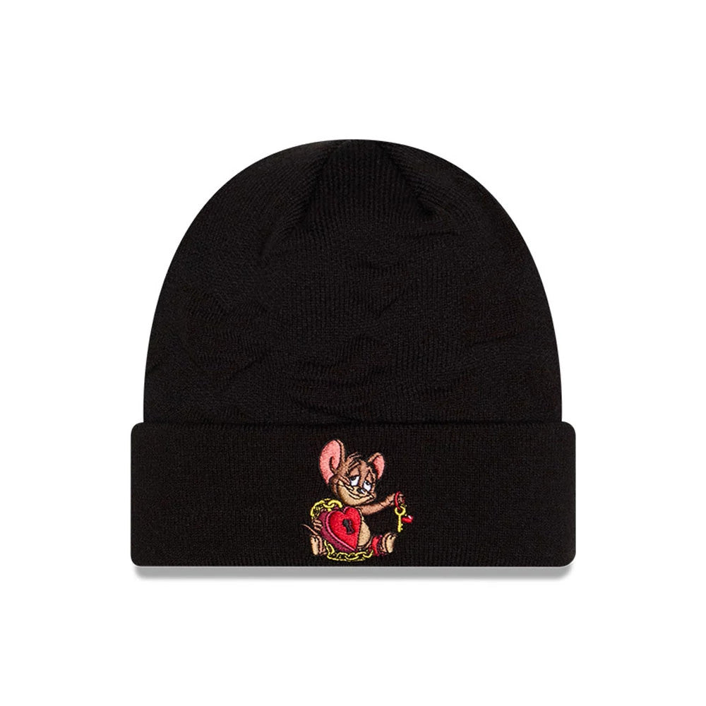 New Era Tom & Jerry Key To My Heart Black Cuff Knit Beanie Hat, front view showing a detailed embroidery of Jerry holding a red heart with a golden key on the cuff, on a seamless black knitted fabric.