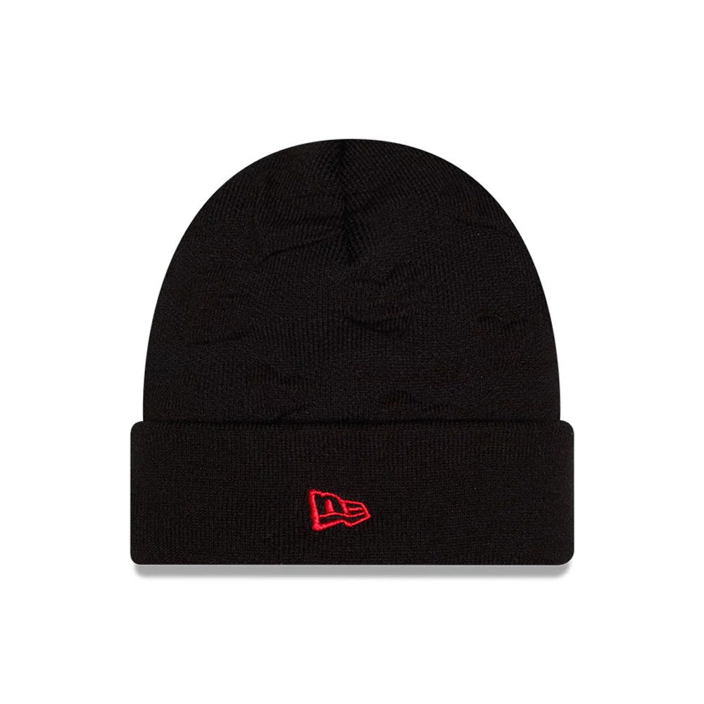 New Era Tom & Jerry Key To My Heart Black Cuff Knit Beanie Hat, front view showing the red embroidered New Era flag logo on the front fold of the black knit design, with Tom & Jerry pattern details in the fabric.