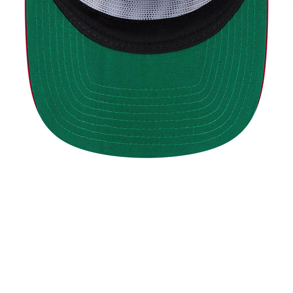 Chicago Blackhawks NHL Felt Logo Black New Era 19TWENTY Adjustable Cap, inside view showing the green undervisor contrasting with the black crown, along with the red edge lining around the visor curve.