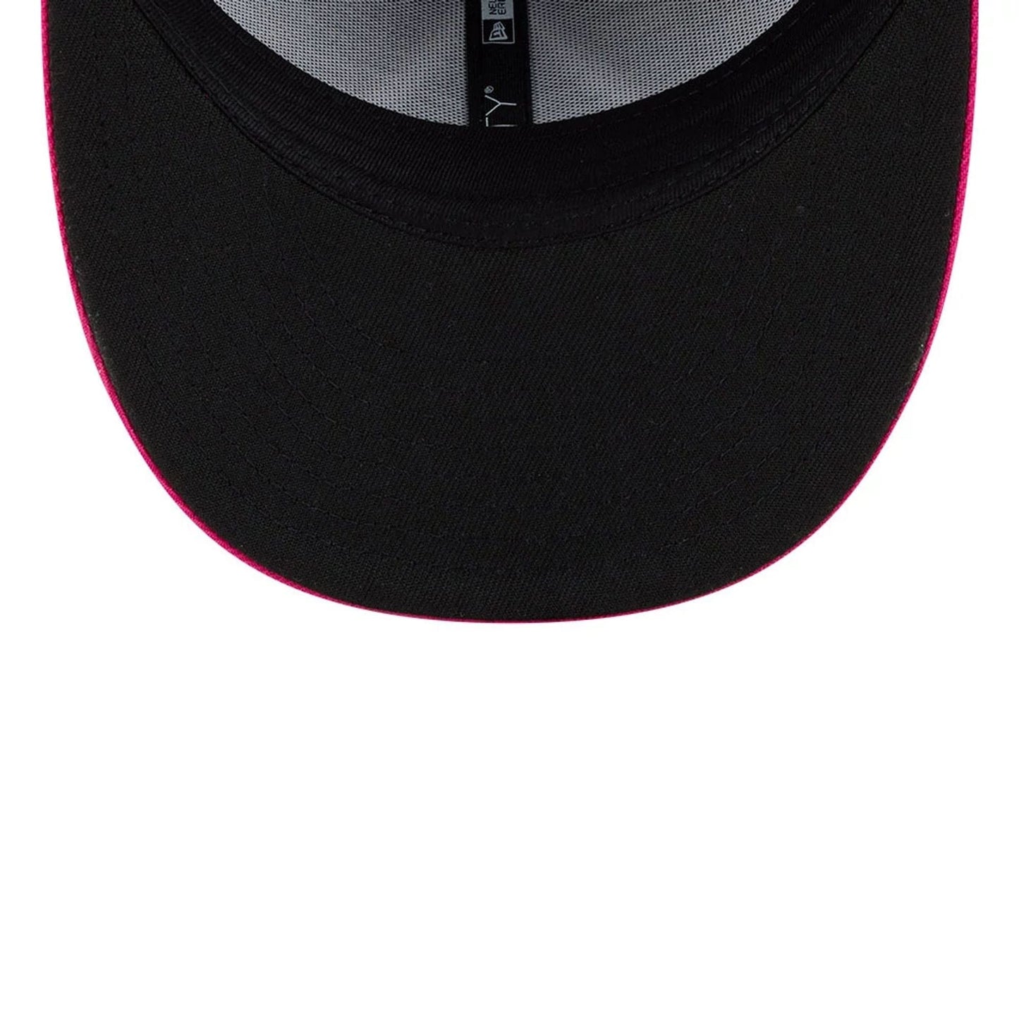 Netflix Squid Game Armed Guard Black New Era 9FIFTY Snapback Adjustable Cap, inside view showing the black undervisor with a pink edge, black sweatband, and dark taping along the centre seam of the crown.