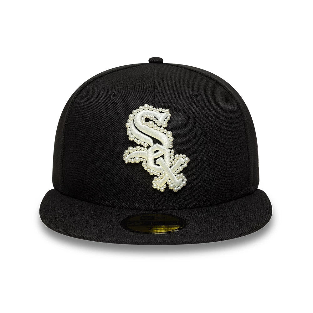 Chicago White Sox MLB Faux Pearl Black New Era 59FIFTY Fitted Cap, front view showing the faux pearl-embellished white Sox logo in raised embroidery on the structured black crown, with a black flat visor and gold 59FIFTY size sticker.