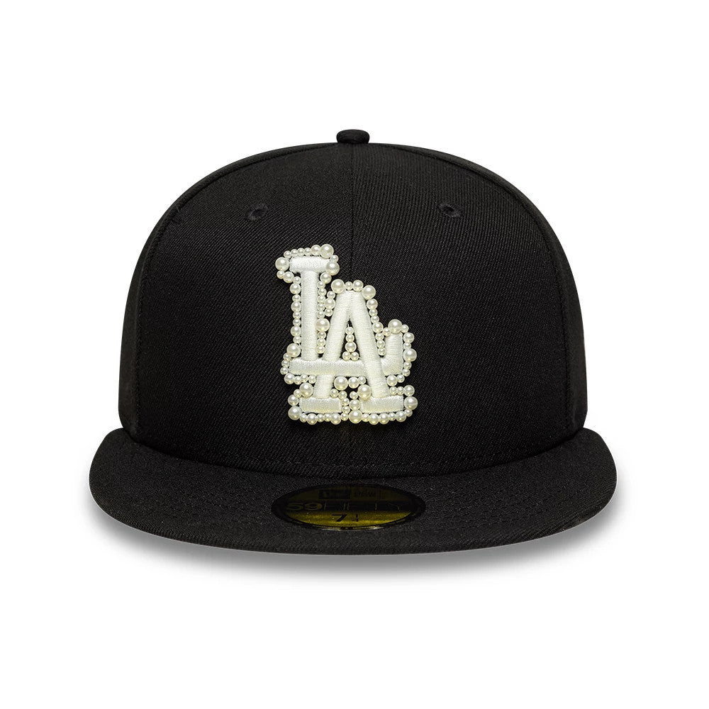 LA Dodgers MLB Faux Pearl Black New Era 59FIFTY Fitted Cap, front view showing the faux pearl-embellished LA logo embroidered on the front panel, with a flat black visor and gold 59FIFTY size sticker on the centre.