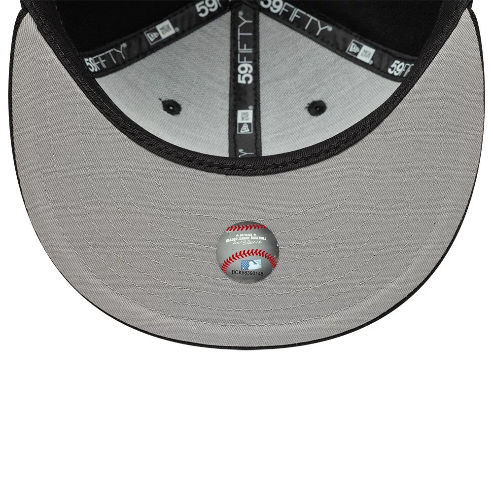 LA Dodgers MLB Faux Pearl Black New Era 59FIFTY Fitted Cap, inside view showing black and white branded taping along the seams, a grey undervisor, and a central sticker with red baseball stitching detail.
