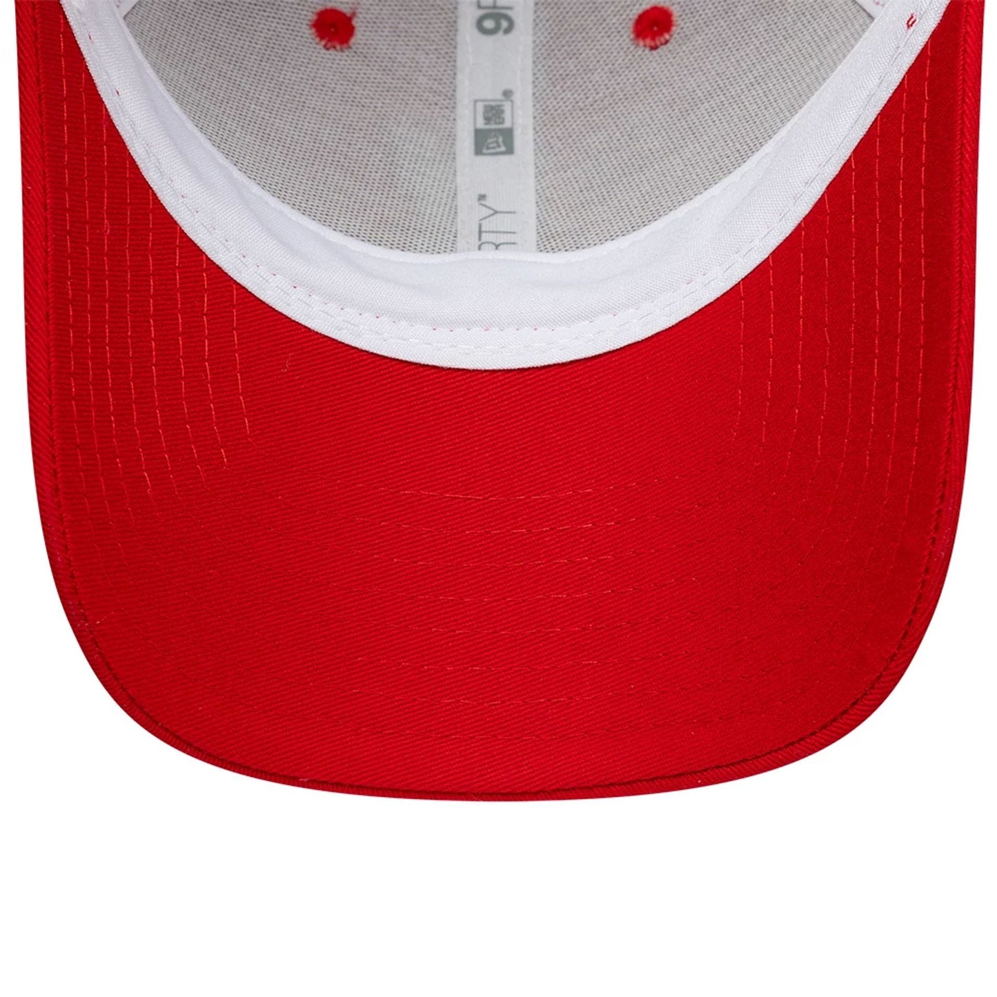 Liverpool FC Patch Red New Era 9FORTY Adjustable Cap, inside view showing the white inner sweatband, white taping with grey 9FORTY branding, and a red undervisor, accented with red stitching around the visor's edge.